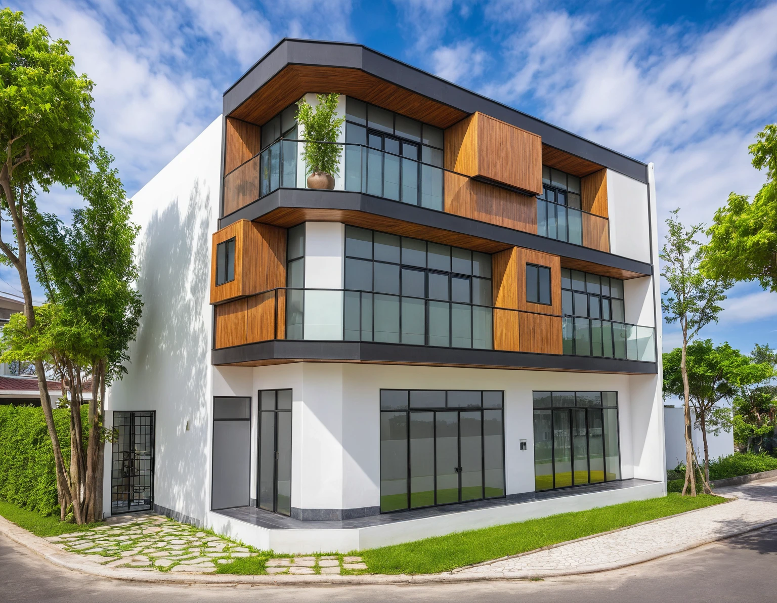 modern villa on street, (daylight), tropical tree, vivid colour, streetcapes, white tone, white wall, large glass door, warm interior lighting, wood and marble, best quality, 17ArchiAI_XL_VL-v1