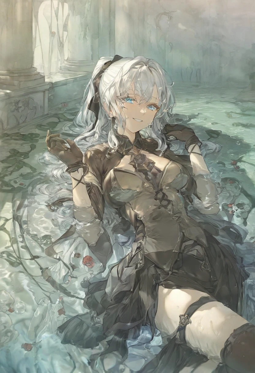 Masterpiece, best quality, newest, 1girl, lying in water, white hair, blue eyes, ponytail, wet hair, smile, gloves, love gesture 