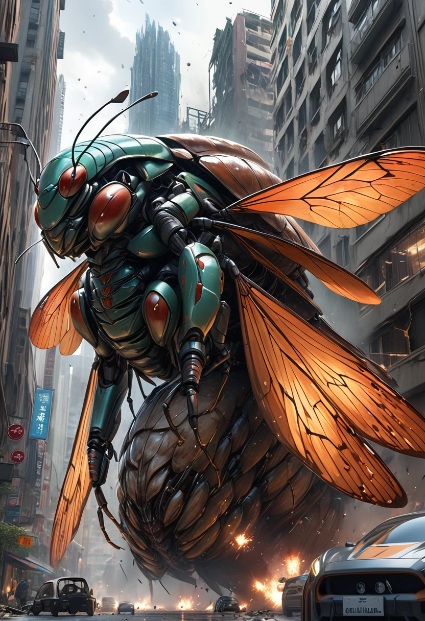 Ultra-high definition 3dCG concept art,A realistic cicada android is rampaging through the city,The cicada android is ultra-realistic, with its wings giving off an eerie light with a holographic effect.The body of the bear cicada is a creepy, black-toned machine.The background of a destroyed city makes it seem like a scene from a movie.Collapsing buildings, exploding cars and buildings,Dark clouds hang over us, telling of fear.A close-up of one of the cicadas in a swarm.Realistic, ultra-realistic,(Ultra high quality, ultra high definition, masterpiece, masterpiece, 16k:1.5)Ultra detail,Cinematic lighting, physically based lettering, professional photography resolution,Ultra-fine painting,android