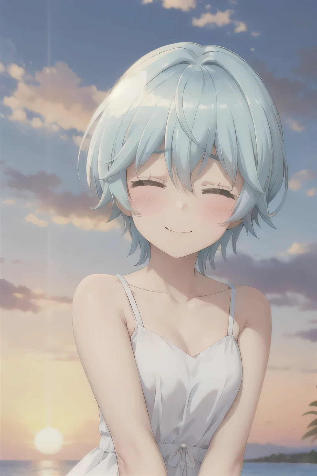 Shyness with eyes closed，Sunset，White Dress，Blue Hair，cute，Slightly blush，