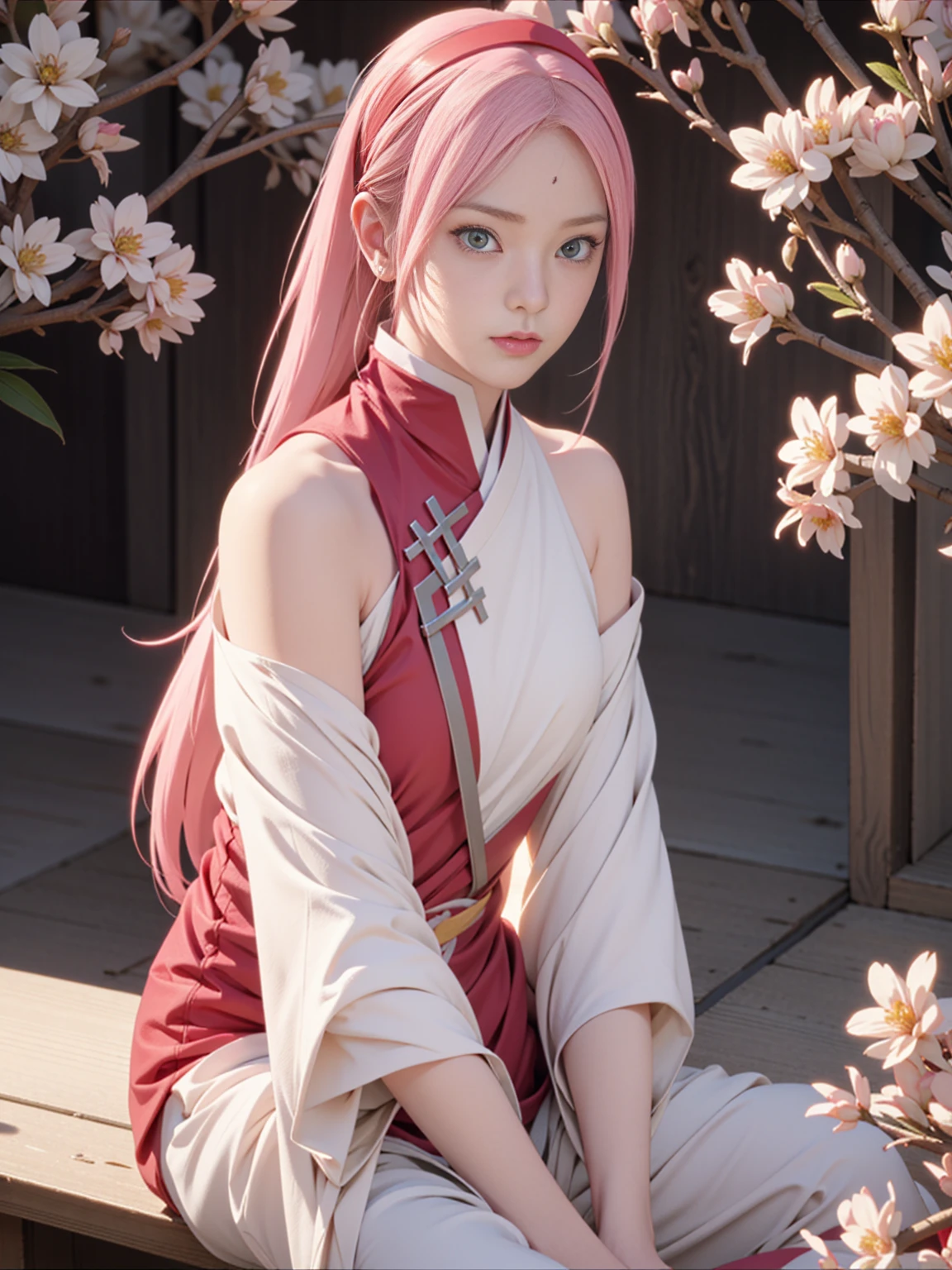 Japanese cartoons girl with pink hair and green eyes staring at something, Sakura Haruno, Sakura Haruno in slug sage mode, Sakura Haruno, Golden Eye Circle, Japanese cartoons火影”,Gold Collar, Pure white off-shoulder top,screenshot from a 2012s Japanese cartoons, Fine details. Japanese cartoons. From "Final Fantasy 13", as an Japanese cartoons character