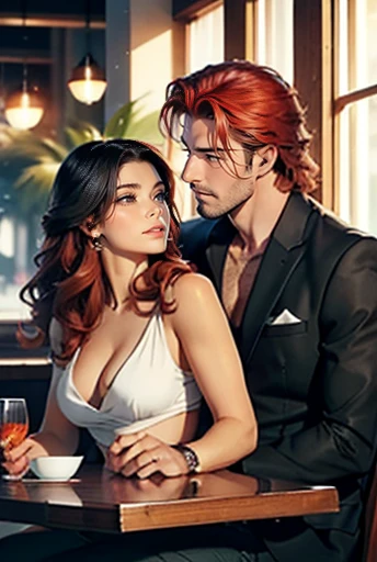 The picture shows a couple: 1 man (A tall, handsome, courageous adult red-haired man with green eyes, tanned skin, long curly copper-red hair), sitting at a table in a restaurant with 1 woman (an incredibly handsome young femme fatale black-haired woman, she has blue eyes, short black hair). They're in love.