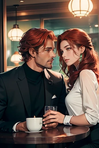 The picture shows a couple: 1 man (A tall, handsome, courageous adult red-haired man with green eyes, tanned skin, long curly copper-red hair), sitting at a table in a restaurant with 1 woman (an incredibly handsome young femme fatale black-haired woman, she has blue eyes, short black hair). They're in love.