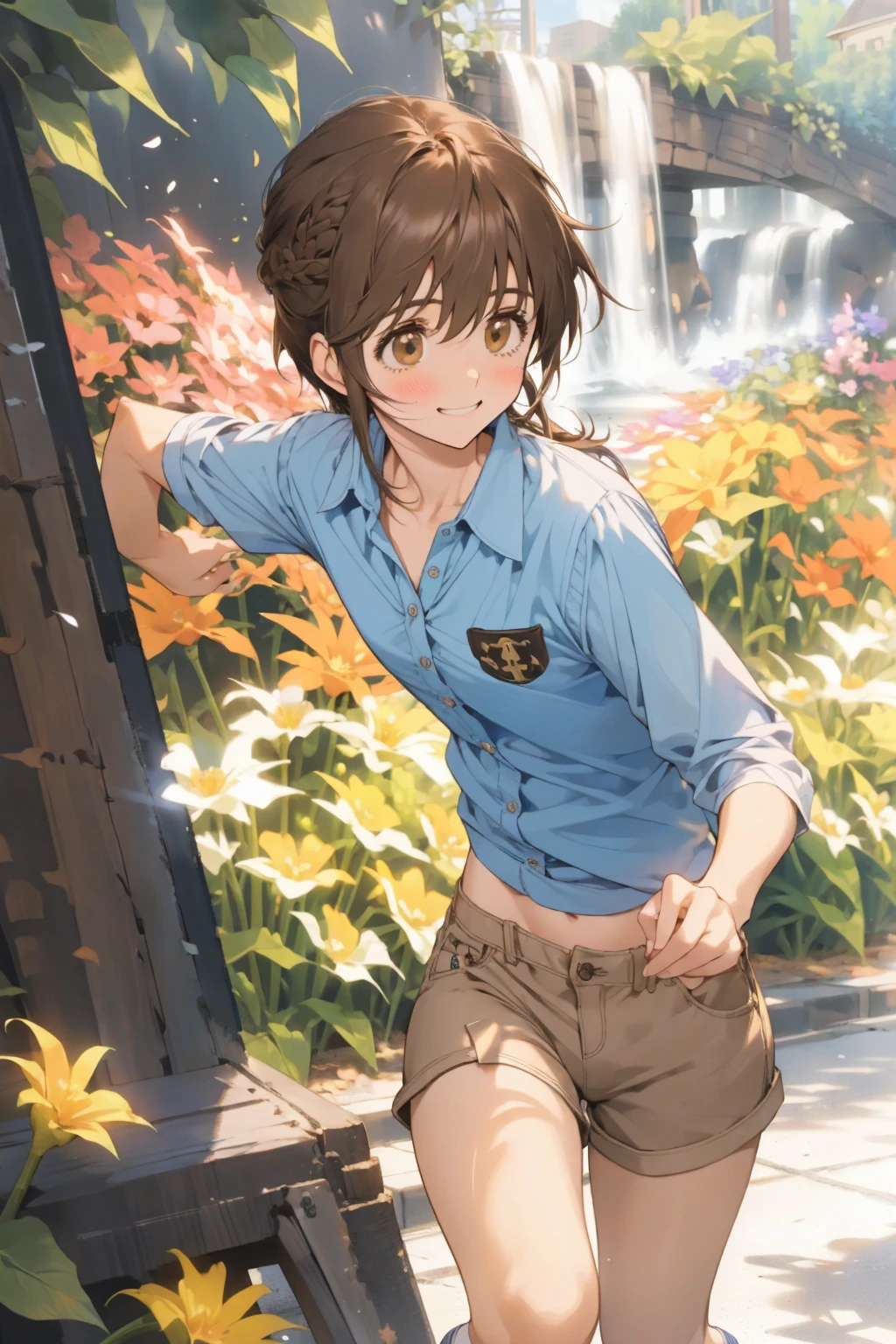 masterpiece, best quality, Practical, Adult Girls, Smile, konosuba water, Brown long hair, Brown eyes, Bright Eyes, Short shirt, Perfect abdomen, Ripped shorts, tight socks, Perfect legs, Open your mouth, blush, night, Flowers, sun, sunlight.