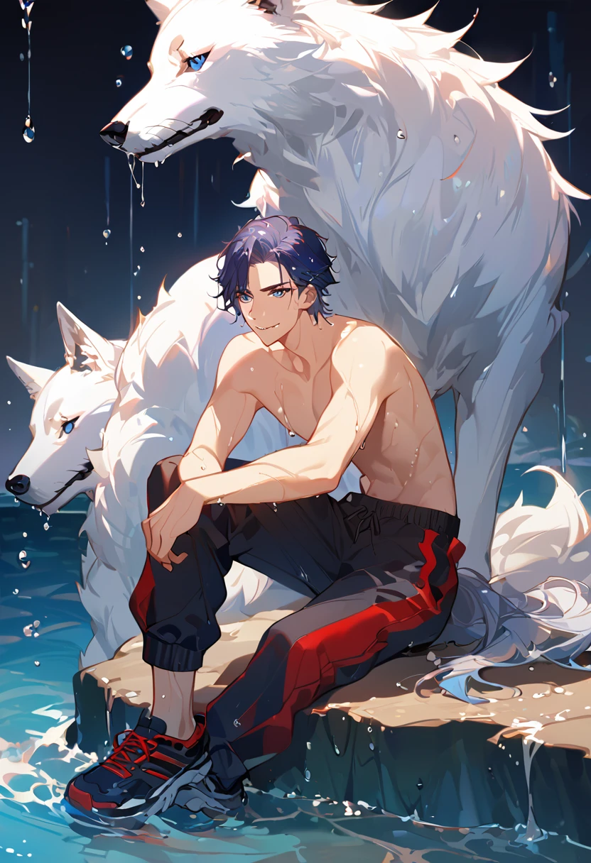solo, ((male with short dark blue hair with red strip hair and dark blue hair with red gradient), (bare chest), (topless), (muscle), ( jogger pants), (wet), (dripping wet body and hair), (water dripping), (sitting), (one hand rest on the knee), (big white wolf resting on the back)), (bangs), (blue eyes with red gradient), (pale skin), (smirk), ((high quality)), (extremely detailed),8k, 4k, clean line art, detailed line art, resting on the big wolf, white big wolf, simple background, water background, dark background, not bulky, no top clothes, inspired by Asukaziye artist : ask, art style : ask