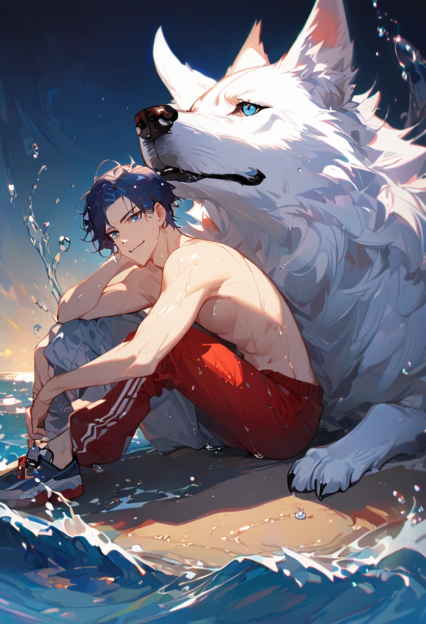 solo, ((male with short dark blue hair with red strip hair and dark blue hair with red gradient), (bare chest), (topless), (muscle), ( jogger pants), (wet), (dripping wet body and hair), (water dripping), (sitting), (one hand rest on the knee), (big white wolf resting on the back)), (bangs), (blue eyes with red gradient), (pale skin), (smirk), ((high quality)), (extremely detailed),8k, 4k, clean line art, detailed line art, resting on the big wolf, white big wolf, simple background, water background, dark background, not bulky, no top clothes, inspired by Asukaziye artist : ask, art style : ask