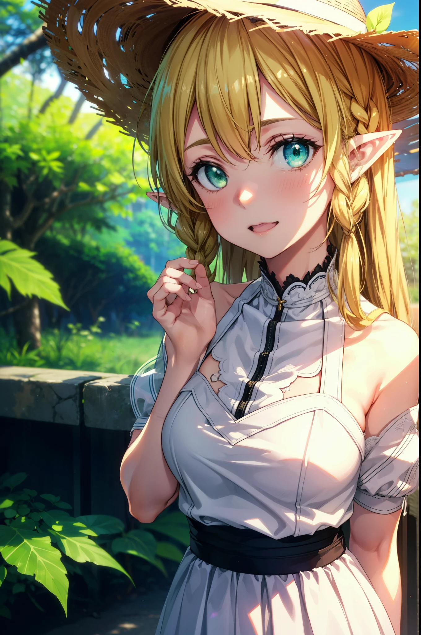 Suguhakirigaya, Suguhakirigaya, Long Hair,Blonde,Green Eyes,Pointy Ears,Short braids,,happy smile, smile, Open your mouth,Big Breasts,White straw hat,White sleeveless dress, bare arms,Green long skirt,Cute Sandals,Walking,Clear skies,whole bodyがイラストに入るように,
break outdoors, nature, forest,
break looking at viewer, whole body,
break (masterpiece:1.2), Highest quality, High resolution, unity 8k wallpaper, (shape:0.8), (Beautiful attention to detail:1.6), Highly detailed face, Perfect lighting, Extremely detailed CG, (Perfect hands, Perfect Anatomy),
