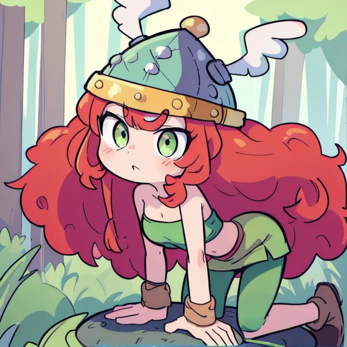 (barbara,  long hair, red hair, helmet, green skirt, green tube top, curly hair, at a forest 