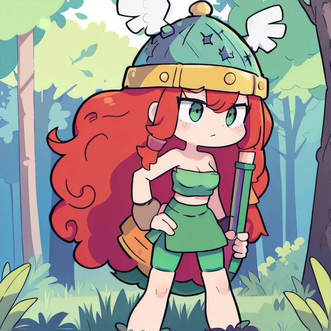 (barbara,  long hair, red hair, helmet, green skirt, green tube top, curly hair, at a forest 