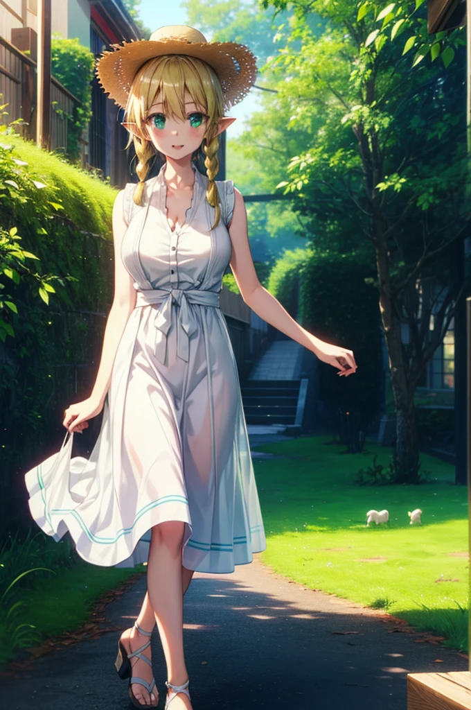 Suguhakirigaya, Suguhakirigaya, Long Hair,Blonde,Green Eyes,Pointy Ears,Short braids,,happy smile, smile, Open your mouth,Big Breasts,White straw hat,White sleeveless dress, bare arms,Green long skirt,Cute Sandals,Walking,Clear skies,whole bodyがイラストに入るように,
break outdoors, nature, forest, 
break looking at viewer, whole body,
break (masterpiece:1.2), Highest quality, High resolution, unity 8k wallpaper, (shape:0.8), (Beautiful attention to detail:1.6), Highly detailed face, Perfect lighting, Extremely detailed CG, (Perfect hands, Perfect Anatomy),