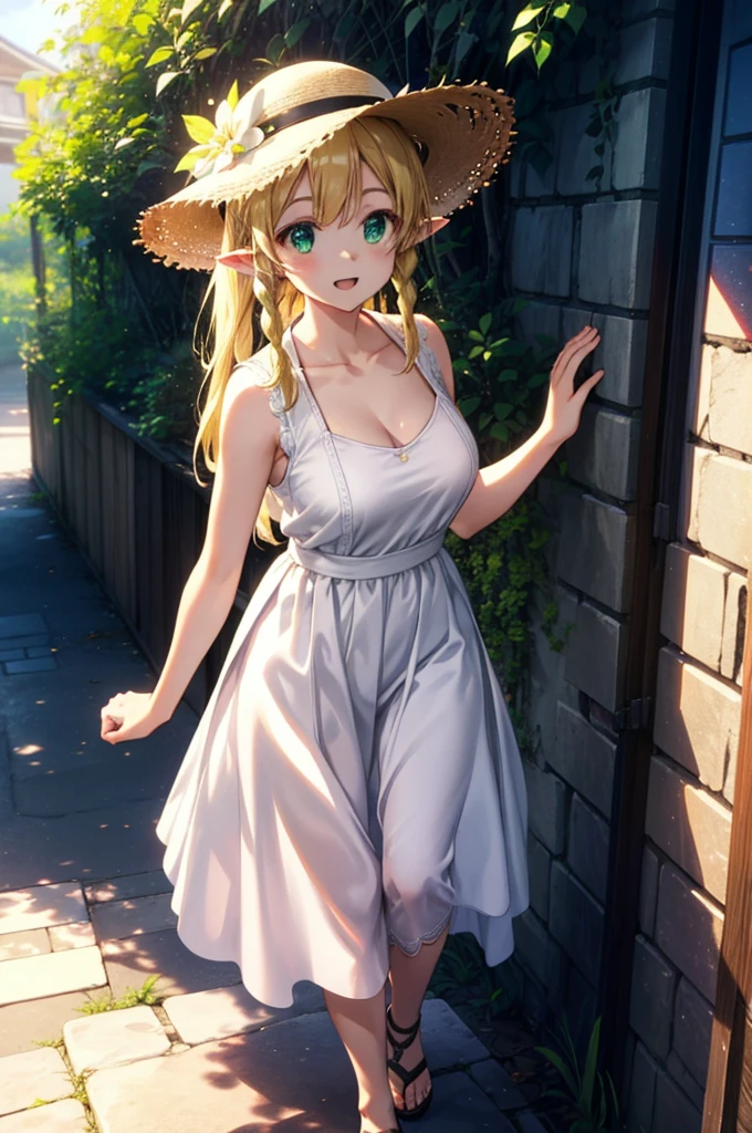 Suguhakirigaya, Suguhakirigaya, Long Hair,Blonde,Green Eyes,Pointy Ears,Short braids,,happy smile, smile, Open your mouth,Big Breasts,White straw hat,White sleeveless dress, bare arms,Green long skirt,Cute Sandals,Walking,Clear skies,whole bodyがイラストに入るように,
break outdoors, nature, forest, 
break looking at viewer, whole body,
break (masterpiece:1.2), Highest quality, High resolution, unity 8k wallpaper, (shape:0.8), (Beautiful attention to detail:1.6), Highly detailed face, Perfect lighting, Extremely detailed CG, (Perfect hands, Perfect Anatomy),