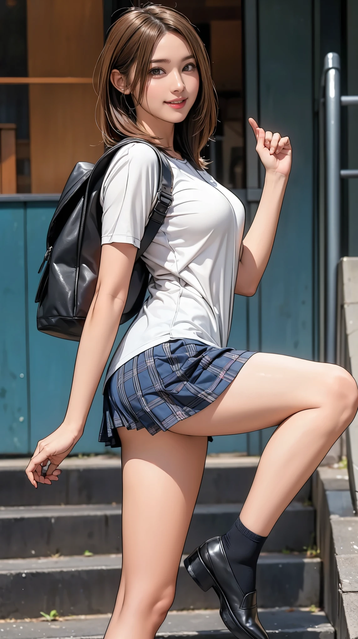 ((masterpiece)),(((Highest quality))),Thin thighs,Long legs,An 18-year-old high school girl standing on the school steps,White shirt,Blue and red plaid mini skirt:1.5,The best smile,White panties:1.5，Short-cut blonde:1.5，short side waves，Carrying a black backpack，Butt Exposure，wear black loafers，Lower body zoom up:1.5，Butt sticking out pose:1.5，