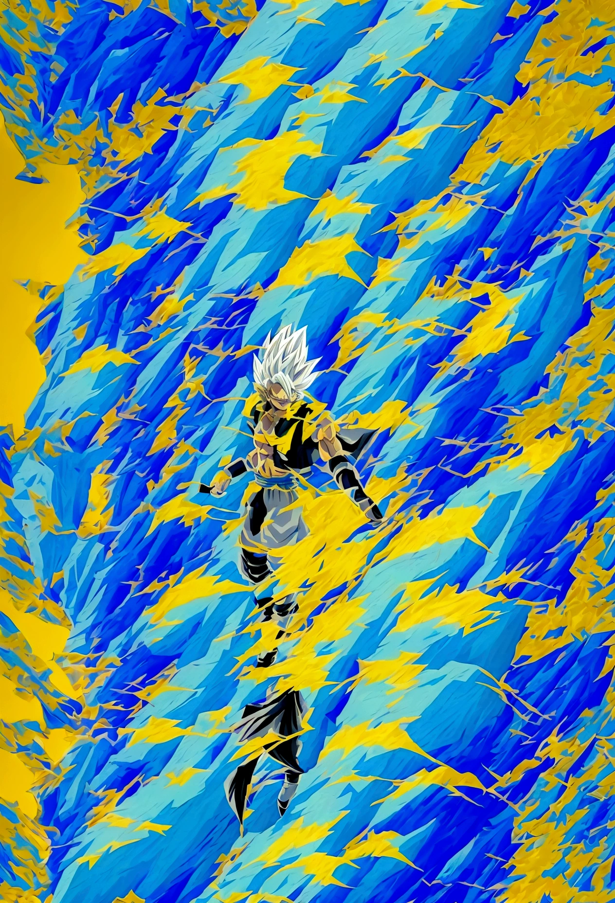 dragon ball super drawing style, gogita, glitters, fusion of gogeta and gogita, super saiyajin blue, blue fur, blue power aura, potara clays, black vest with yellow details, loose blue pants, cloth ribbon tied on the hip, white boots with yellow tips, white gloves