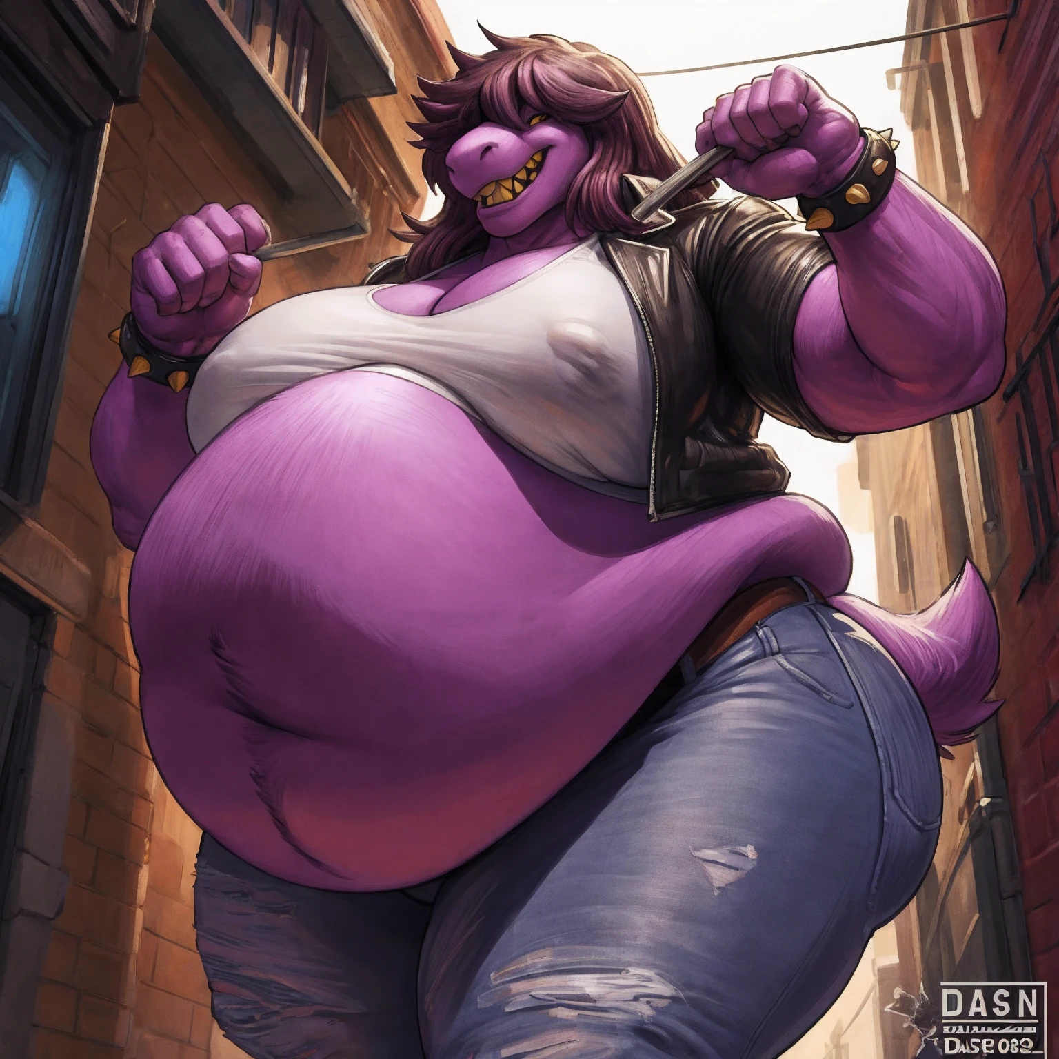 extremely obese, (obese belly:1.8), (obese legs:1.5), fat rolls, massive SSBBW body, massive hyperbelly, soft massive obese belly, Solo, susie deltarune, smooth skin, 1girl, (female:1.6), susie, reptilian, dark hair, messy hair, yellow eyes, muscular, chunky, stocky, thickset, (huge breasts:1.2), cleavage, broad shoulders, wide hips, huge ass, short tail, (nipple outline:0.9), thick legs, bare midriff, muscular thighs, standing upright, casual posture, leather jacket, spiked bracelets, jeans, heart shaped belt buckle, looking at viewer, laughing, yellow teeth, los angeles, alleyway, standing over viewer, low angle, from below, full body, by darkgem, by duase, by kevinsano, by gideon,