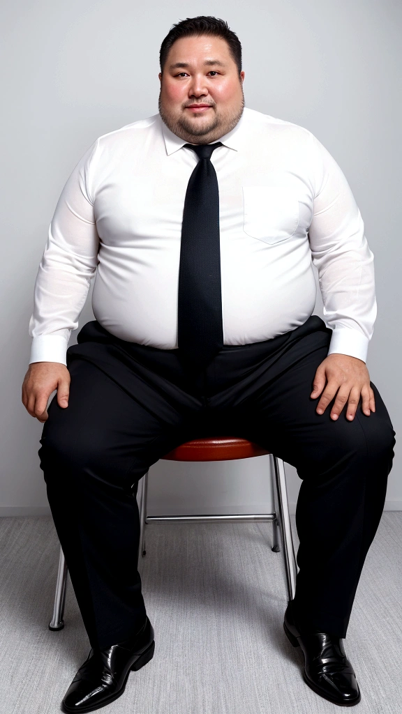 high quality,ultra detailed,best quality,Fat man,50 years old,detailed face,white business shirt transparent with sweat,office,sitting on chair,full body, Sweaty,chubby,