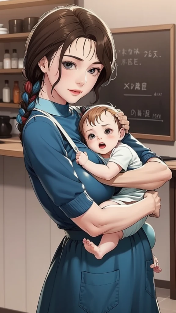 anime colored,sweater,apron,gigantic breasts,(Holding a :1.5),Smile,((house wife)),baby