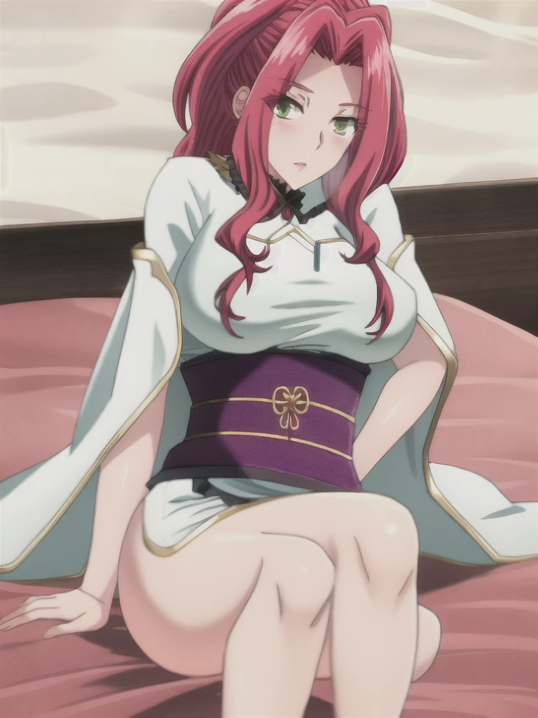 Long hair, red hair, green eyes, blush, large breasts, kimono, white kimono, night, bed, bedroom, looking at viewer,