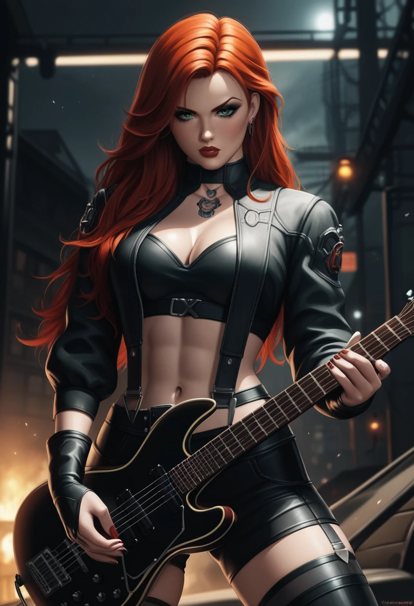 Arafida redhead woman in leather outfit playing guitar in front of a bonfire, heavy metal style, seductive cyberpunk dark fantasy, urban fantasy style, artegerm moody photography, wojtek fus, heavy metal art style, angry beautiful cyberpunk goddess, warrior vampire woman, model iG | artegerm, concerto de heavy metal, in the style artegerm, guitarist