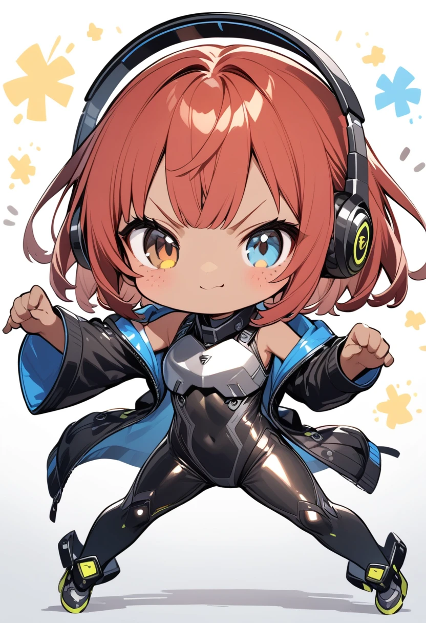 full body,1 girl,(cute:1.3),short, spiky, red Hair, left eye yellow, right eye blue, tan skin, freckles,｛White breastplate, Black futuristic headphones, Mechanical black glossy metallic Bodysuit, Bare shoulders, oversized jacket, Glossy, shiny material,chibi emote, chibi character, angry pose, fighting villian pose
