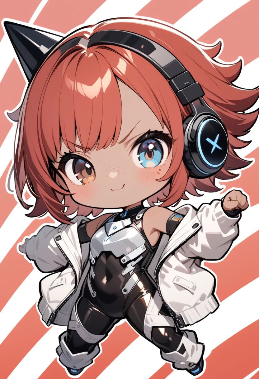 full body,1 girl,(cute:1.3),short, spiky, red Hair, left eye yellow, right eye blue, tan skin, freckles,{White breastplate, Black futuristic headphones, Mechanical black glossy metallic Bodysuit, Bare shoulders, oversized jacket, Glossy, shiny material,chibi emote, chibi character, angry pose, fighting villian pose