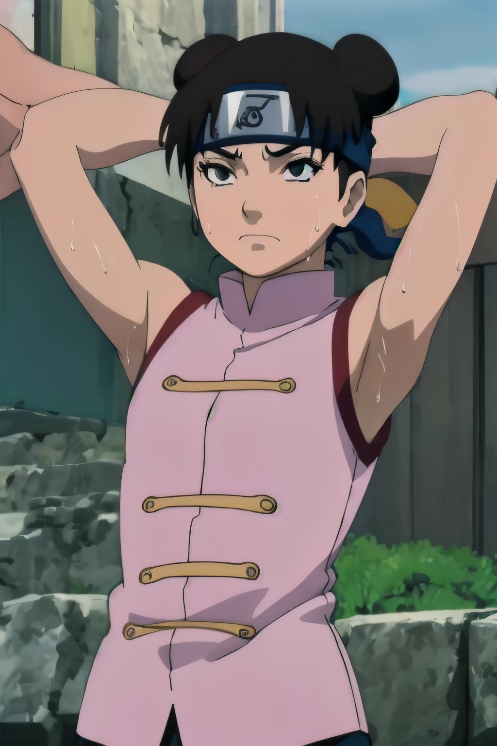 Tenten,solo,armpits,wet armpits, showing wet armpits, armpit,armpits,sweat,sweaty,sweaty armpits,awesome armpits,tired,exhausted,arms up,arm warmers,sleeveless, moderately sized breasts