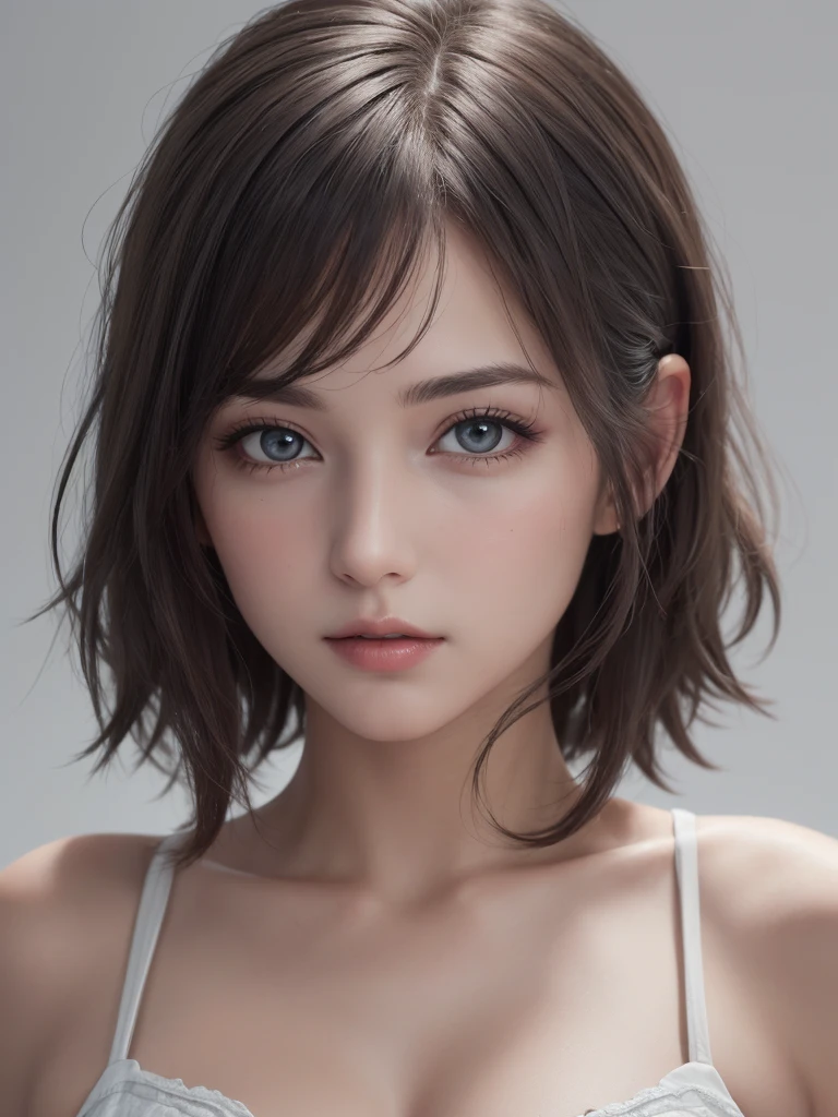 8K UHD、RAWphotograph、Model photo shoot、 European race、(masterpiece、highest quality、Photorealistic、High resolution、photograph:1.3)、Close-up、Focusing、Hot Model、slim、30 year old mature woman、Small face、No makeup、Short Hair、Dark Brown Haine beautiful eyes、Real Skin、(perfect body)、Sexy hot face、Erotic、Sexual gaze、slim、Sweat top、Detailed beautiful eyes、Glossy lips、Small breasts、Small breasts、Bust B cup、((Bright light、Dynamic lighting、Real、超Real、 Realism、Realistic details、Cool beauty、Cool pose、Background gray、Plain grey background