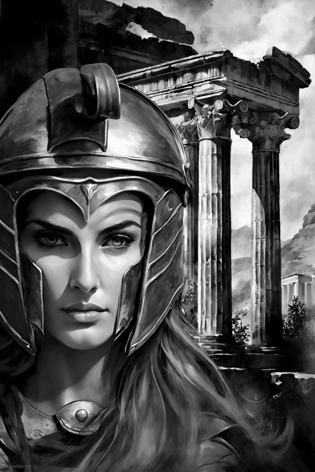 Arafed image of a woman wearing a helmet and armor., digital painting greek myth, greek goddess athena, ancient ruins behind her, goddess. extremely high detail, roman goddess, Artgerm and WLOP, athena goddess of wisdom, 3 d goddess minerva, Monochromatic airbrush painting., Lt. Tadeusz Pruszkówski