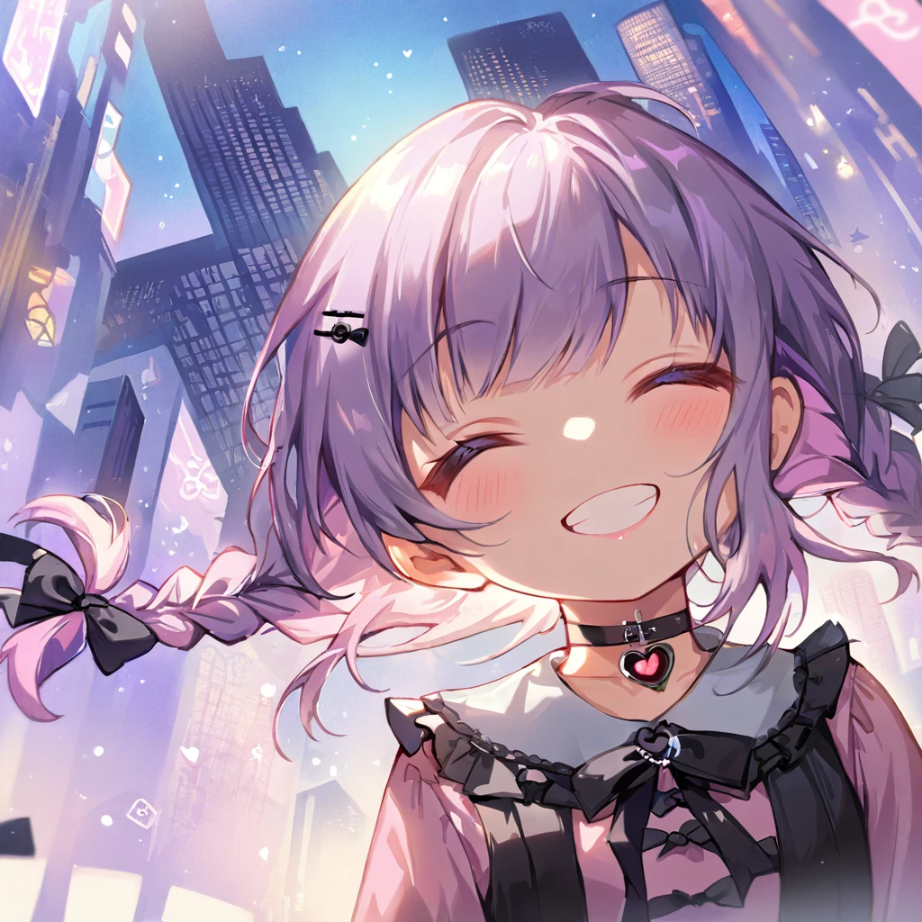 a masterpiece, beautiful eyes, a beautiful face, beautiful depiction, details, solid blue Skyscrapers background, ultra detailed, 8K, masterpiece, ultra detailed, 8K, solid blue Skyscrapers background, full body shot, Angle looking up from below.happy, a girl, kawaii, light atmosphere, mysterious atmosphere, (Cute a girl:1.5), (a girl with closs hair pin,pale purple hair,wavy two braids,bluntbangs hair,green and black eyes,
pink shirt,cosplay, jirai kei, bangs, black skirt, black bow, looking at viewer, bow, long sleeves, choker, ribbon,pink lips,Thick-soled boots,portrait  shot :1.4),boots focus,
(masterpiece:1.3), anime visual, (Lovey-dovey:1.5), (tilt head:1.3), extremely delicate face, soft clean focus, realistic lighting and shading, (an extremely delicate and beautiful art:1.3),a girl closed her eyes, grin, waved,