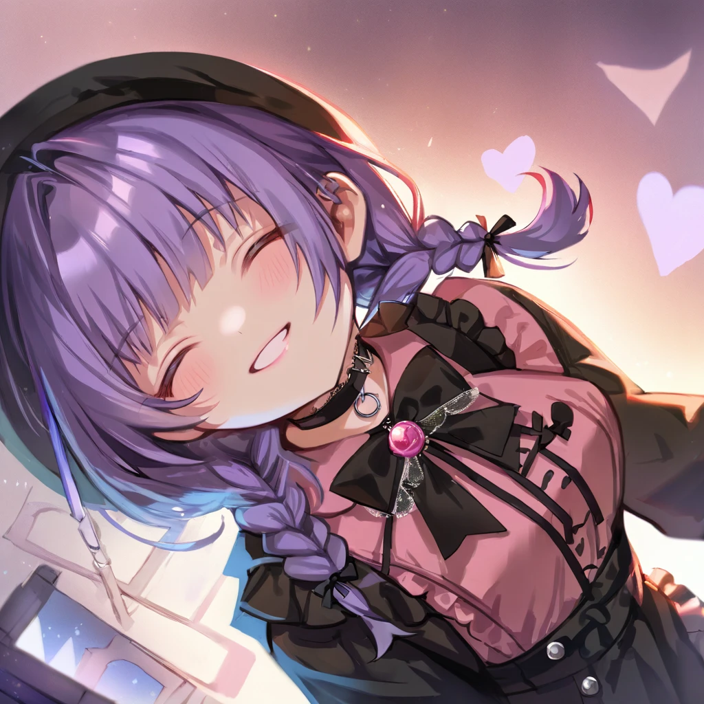 a masterpiece, beautiful eyes, a beautiful face, beautiful depiction, details, solid blue Skyscrapers background, ultra detailed, 8K, masterpiece, ultra detailed, 8K, solid blue Skyscrapers background, full body shot, Angle looking up from below.happy, a girl, kawaii, light atmosphere, mysterious atmosphere, (Cute a girl:1.5), (a girl with closs hair pin,pale purple hair,wavy two braids,bluntbangs hair,green and black eyes,
pink shirt,cosplay, jirai kei, bangs, black skirt, black bow, looking at viewer, bow, long sleeves, choker, ribbon,pink lips,Thick-soled boots,portrait shot :1.4),boots focus,
(masterpiece:1.3), anime visual, (Lovey-dovey:1.5), (tilt head:1.3), extremely delicate face, soft clean focus, realistic lighting and shading, (an extremely delicate and beautiful art:1.3),a girl closed her eyes, grin, waved,