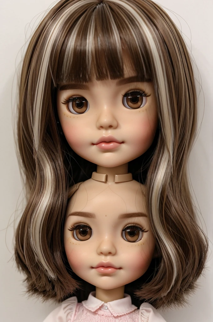 Blythe doll with very straight and short brown hair with white highlights from the roots to the tips, big light brown half asian eyes and pompous pink lips.