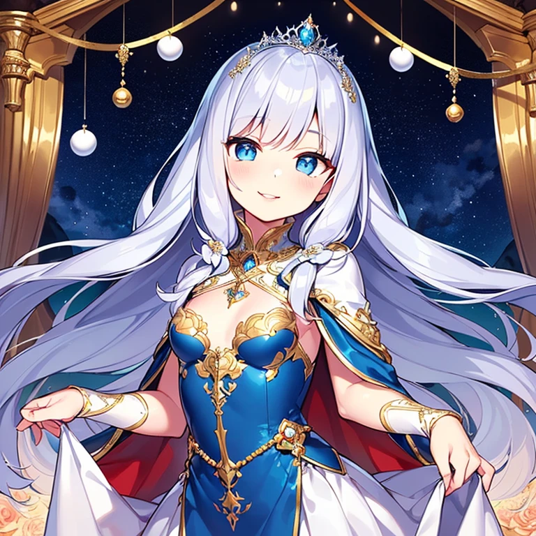 looking at viewer,(kawaii),(best quality),(ultra detailed),(rococo style),(long train blue cape:1.15), very long cape,(long train white ball gown with flower decorations:1.1), a girl is wearing a cape over her gown, 1 little princess, tiara, smile, very long hair, small breasts, beautiful detailed eyes, beautiful detailed lips