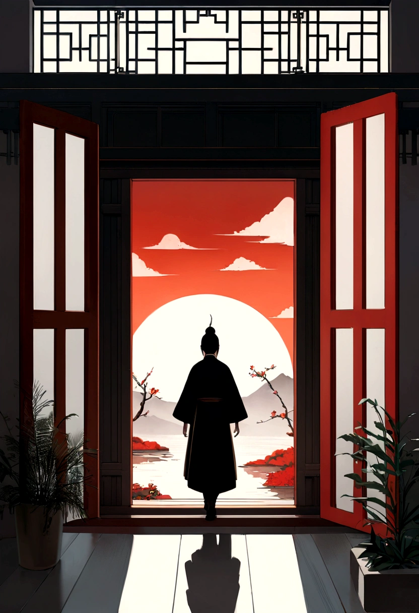 A painting depicting a person walking., With highly detailed classical Chinese doors and plants., a mysterious background, layered sky, red and black, backlight, chinese traditional landscape style, new tradition, oriental style, James Turrell, Plants are the story of Nagai., Fan Kuan's style, creepy reality, and cunning. I can't believe how beautiful this is. Symmetrical composition, grand scale, strong use of negative space, facing, Single point perspective, ultra realistic details, 8k, High Definition