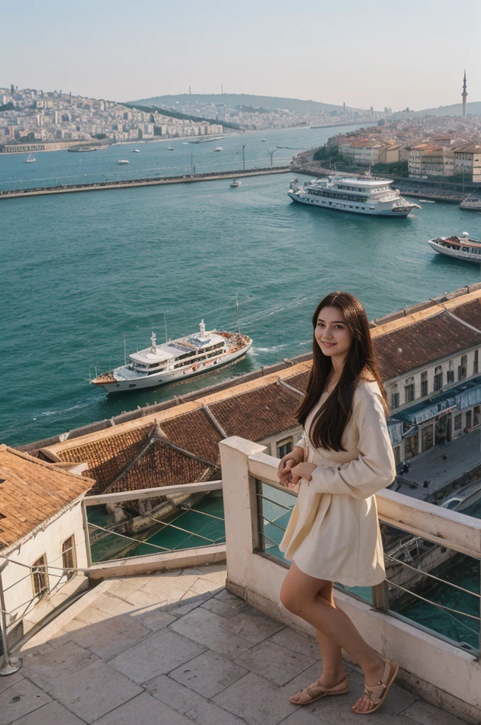 her name is Annie, high quality, 1girl, ((20-year-old fit Caucasian woman)), ((20 years old)), ((fit)) black long hair, pose: standing, wearing pastel colored unique g gen Z modern wear, BACKGROUND: Lived between Europe and Asia in Istanbul, with its ancient mosques, bustling bazaars, and breathtaking views of the Bosphorus.