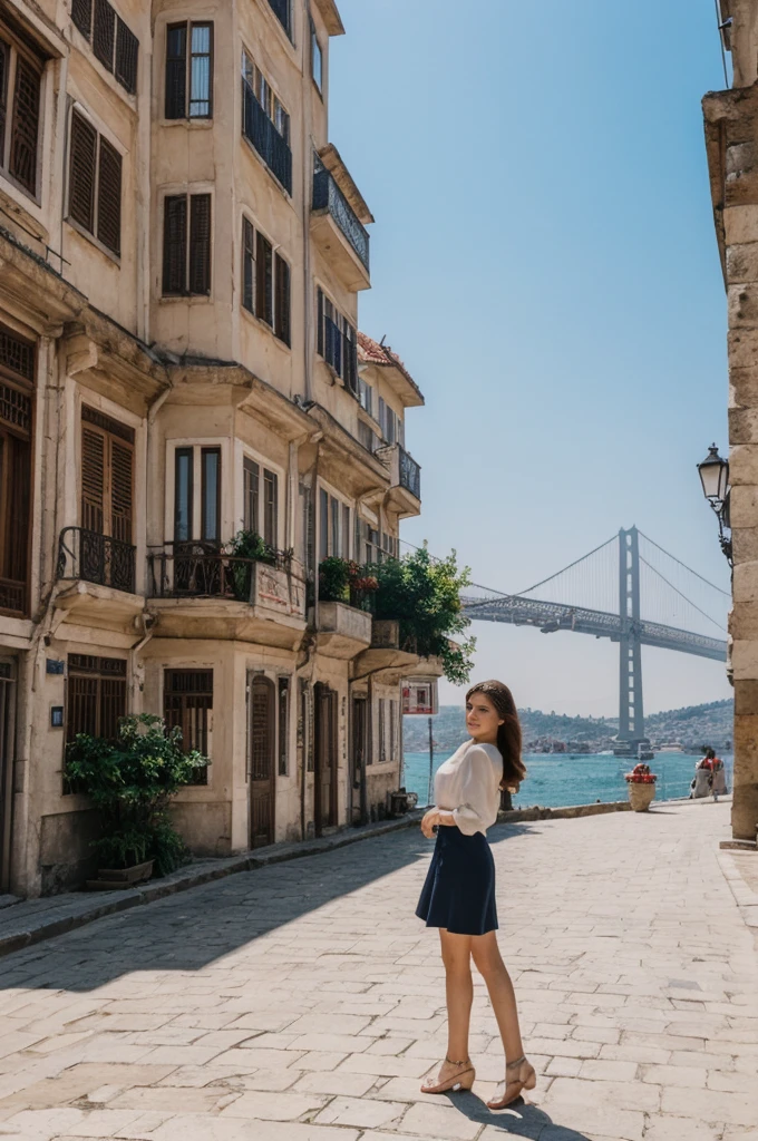 her name is Annie, high quality, 1girl, ((20-year-old fit Caucasian woman)), ((20 years old)), ((fit)) black long hair, pose: standing, wearing pastel colored unique g gen Z modern wear, BACKGROUND: Lived between Europe and Asia in Istanbul, with its ancient mosques, bustling bazaars, and breathtaking views of the Bosphorus.