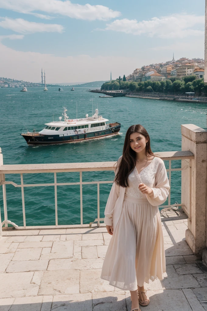 her name is Annie, high quality, 1girl, ((20-year-old fit Caucasian woman)), ((20 years old)), ((fit)) black long hair, pose: standing, wearing pastel colored unique g gen Z modern wear, BACKGROUND: Lived between Europe and Asia in Istanbul, with its ancient mosques, bustling bazaars, and breathtaking views of the Bosphorus.