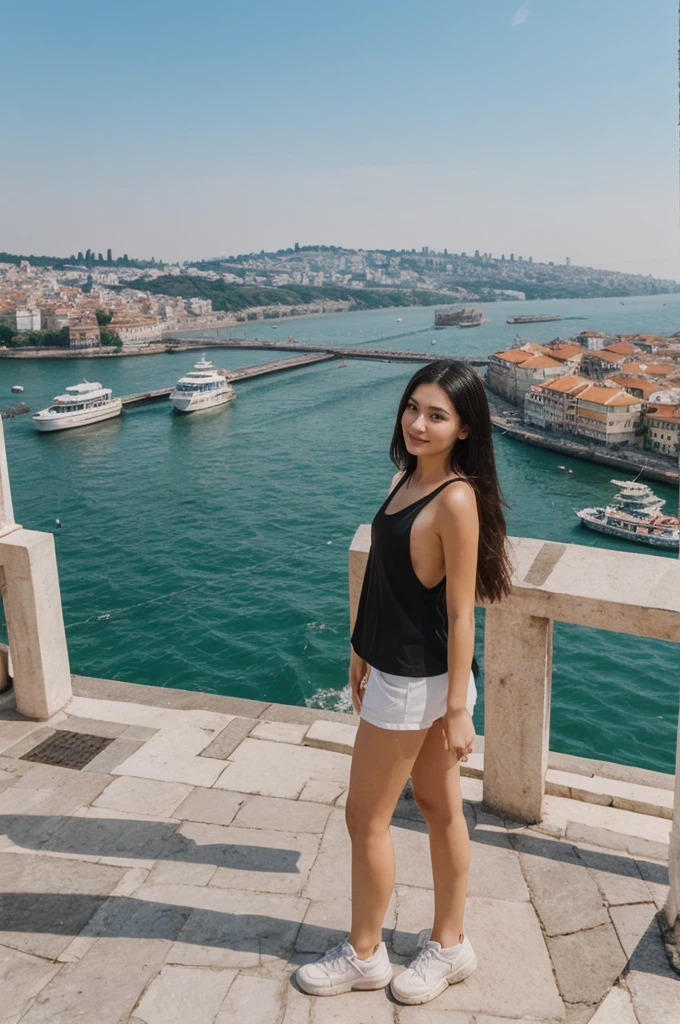 her name is Annie, high quality, 1girl, ((20-year-old fit Caucasian woman)), ((20 years old)), ((fit)) black long hair, pose: standing, wearing pastel colored unique g gen Z modern wear, BACKGROUND: Lived between Europe and Asia in Istanbul, with its ancient mosques, bustling bazaars, and breathtaking views of the Bosphorus.