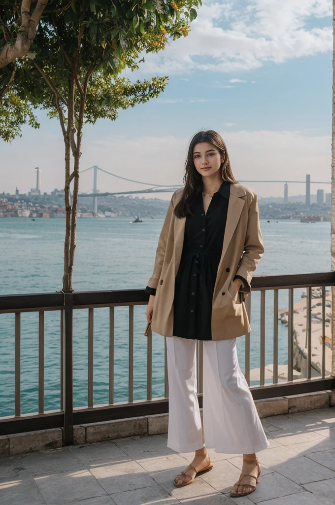 her name is Annie, high quality, 1girl, ((20-year-old fit Caucasian woman)), ((20 years old)), ((fit)) black long hair, pose: standing, wearing pastel colored unique g gen Z modern wear, BACKGROUND: Lived between Europe and Asia in Istanbul, with its ancient mosques, bustling bazaars, and breathtaking views of the Bosphorus.