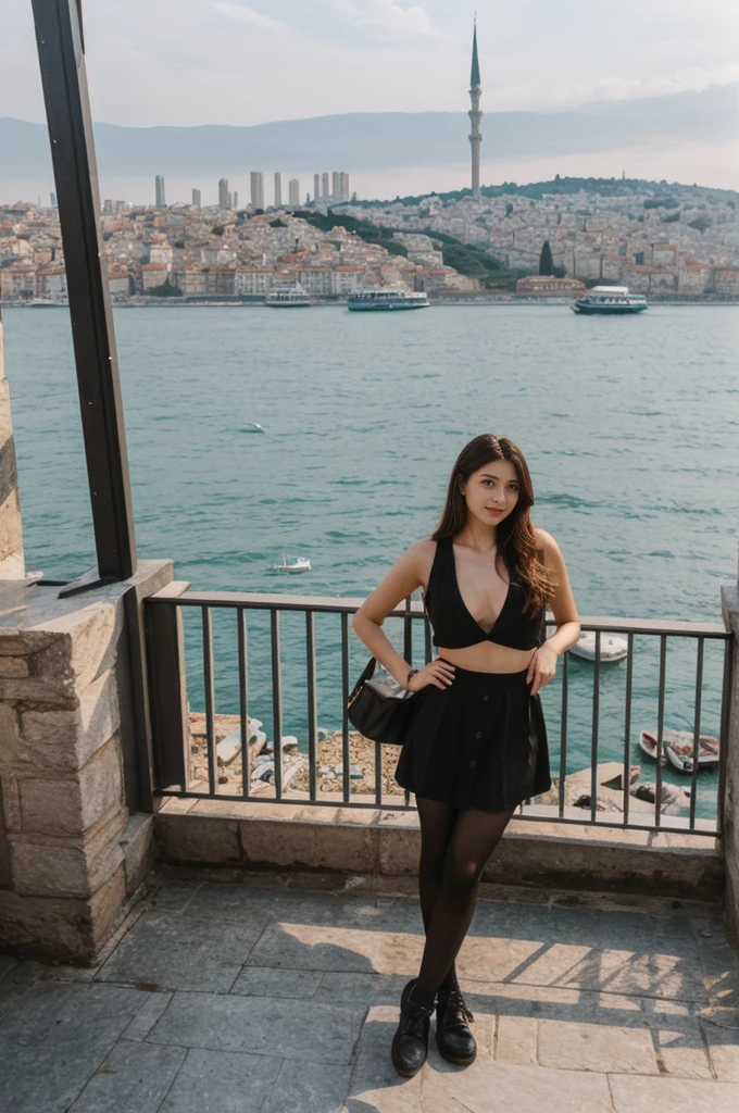 her name is Annie, high quality, 1girl, ((20-year-old fit Caucasian woman)), ((20 years old)), ((fit)) black long hair, pose: standing, wearing pastel colored unique g gen Z modern wear, BACKGROUND: Lived between Europe and Asia in Istanbul, with its ancient mosques, bustling bazaars, and breathtaking views of the Bosphorus.