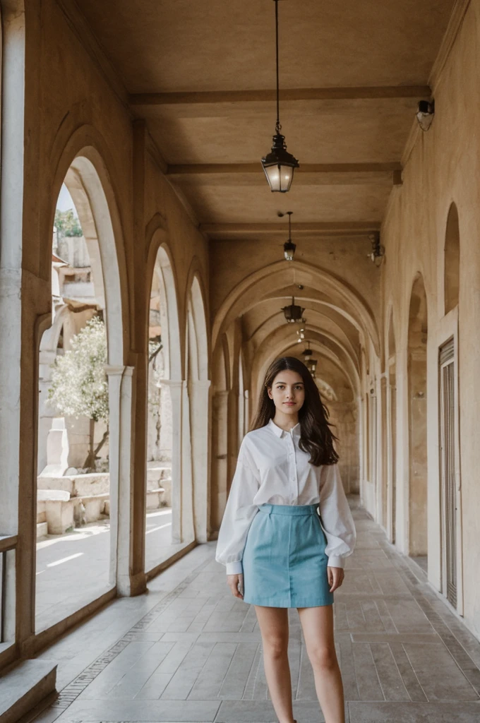 her name is Annie, high quality, 1girl, ((20-year-old fit Caucasian woman)), ((20 years old)), ((fit)) black long hair, pose: standing, wearing pastel colored unique g gen Z modern wear, BACKGROUND: Lived between Europe and Asia in Istanbul, with its ancient mosques, bustling bazaars, and breathtaking views of the Bosphorus.