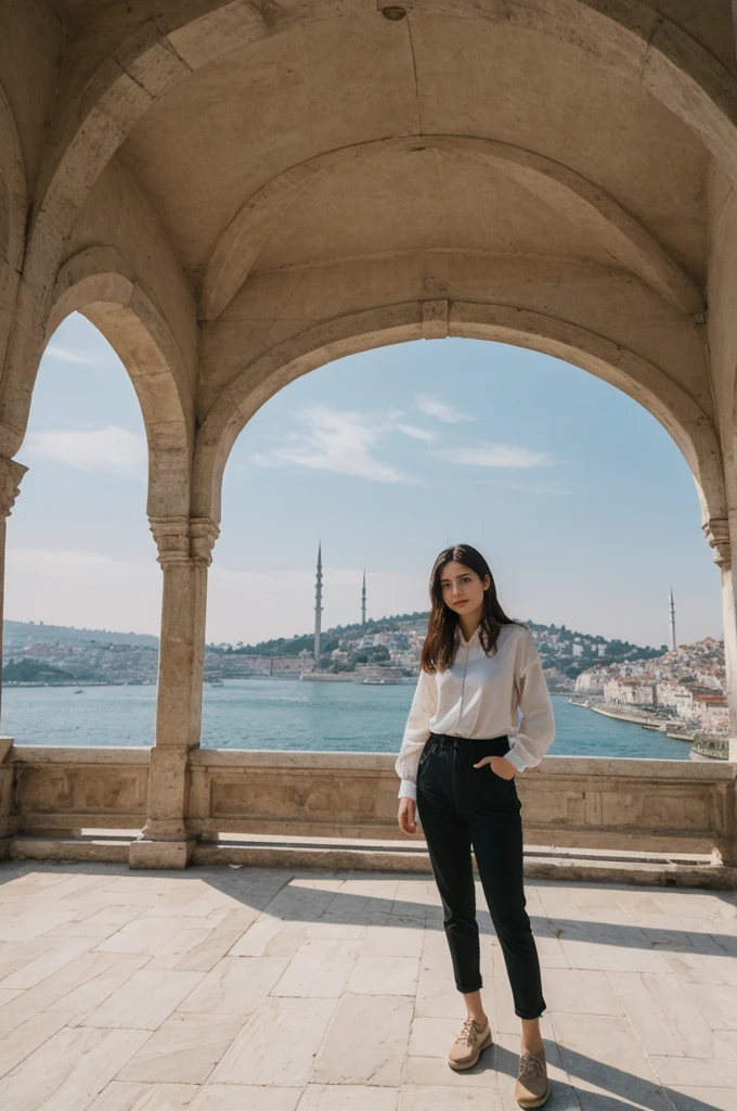 her name is Annie, high quality, 1girl, ((20-year-old fit Caucasian woman)), ((20 years old)), ((fit)) black long hair, pose: standing, wearing pastel colored unique g gen Z modern wear, BACKGROUND: Lived between Europe and Asia in Istanbul, with its ancient mosques, bustling bazaars, and breathtaking views of the Bosphorus.