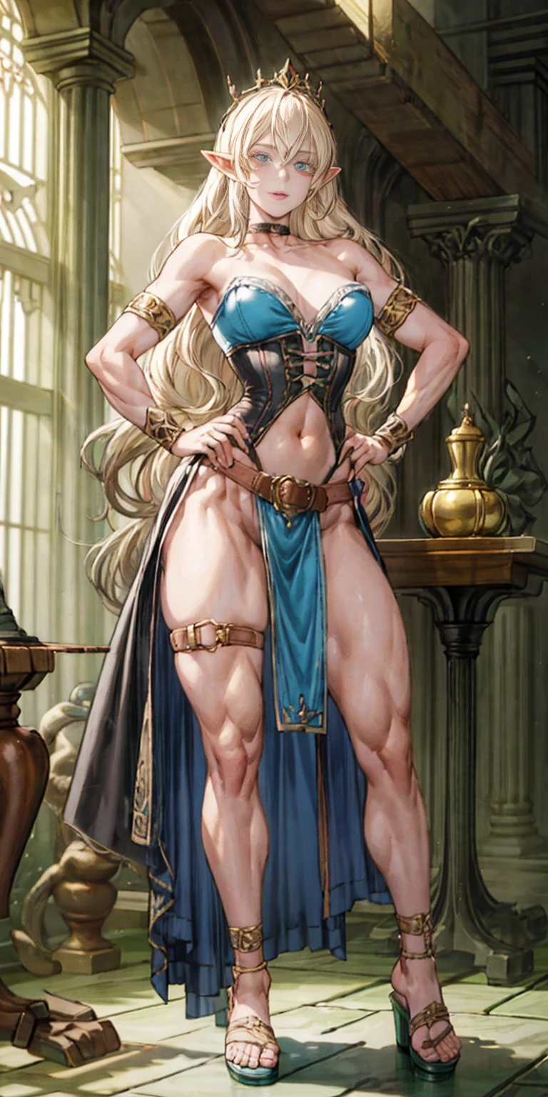 female drow elf blue pale skin full body whole body 1sologirl loincloth standing warrior proud expression, hands on hips, loincloth standing, hands on hips, metal sandals, leather choker with golden bell bellybutton navel, leather corset, big belt, view from below, feet together, bracers, tiara