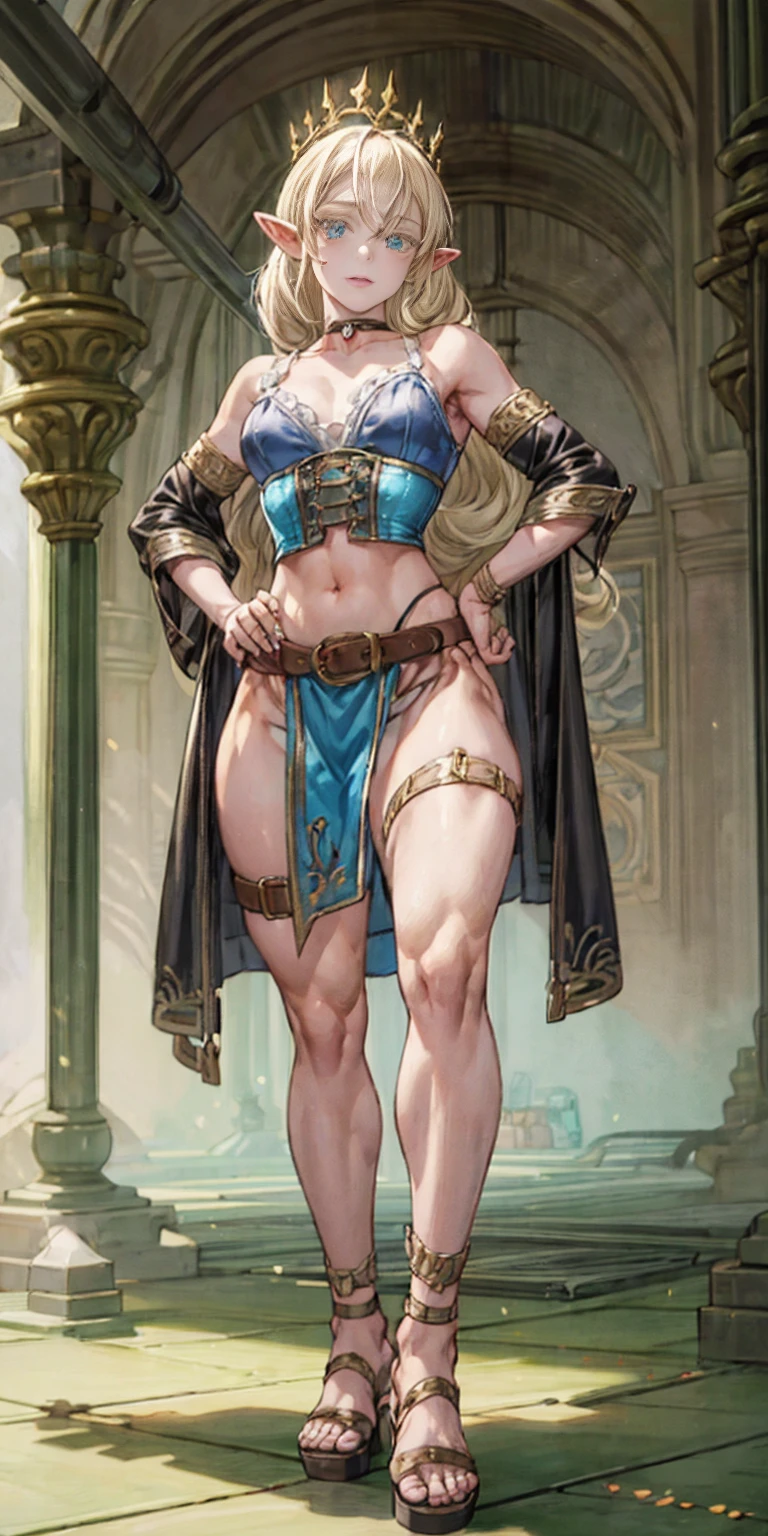 female drow elf blue pale skin full body whole body 1sologirl loincloth standing warrior proud expression, hands on hips, loincloth standing, hands on hips, metal sandals, leather choker with golden bell bellybutton navel, leather corset, big belt, view from below, feet together, bracers, tiara