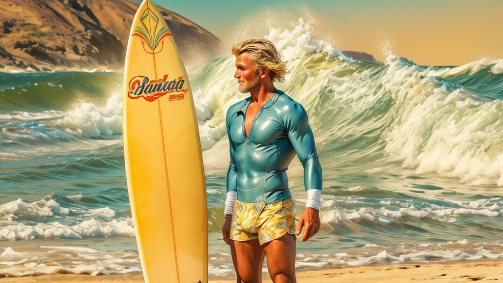 Blonde fit man on beach with surfboard, detailed surfboard, longboard, waves, sunshine, 50s surf scene, surf competition, Hawaiian surf scene, the beach boys Era,