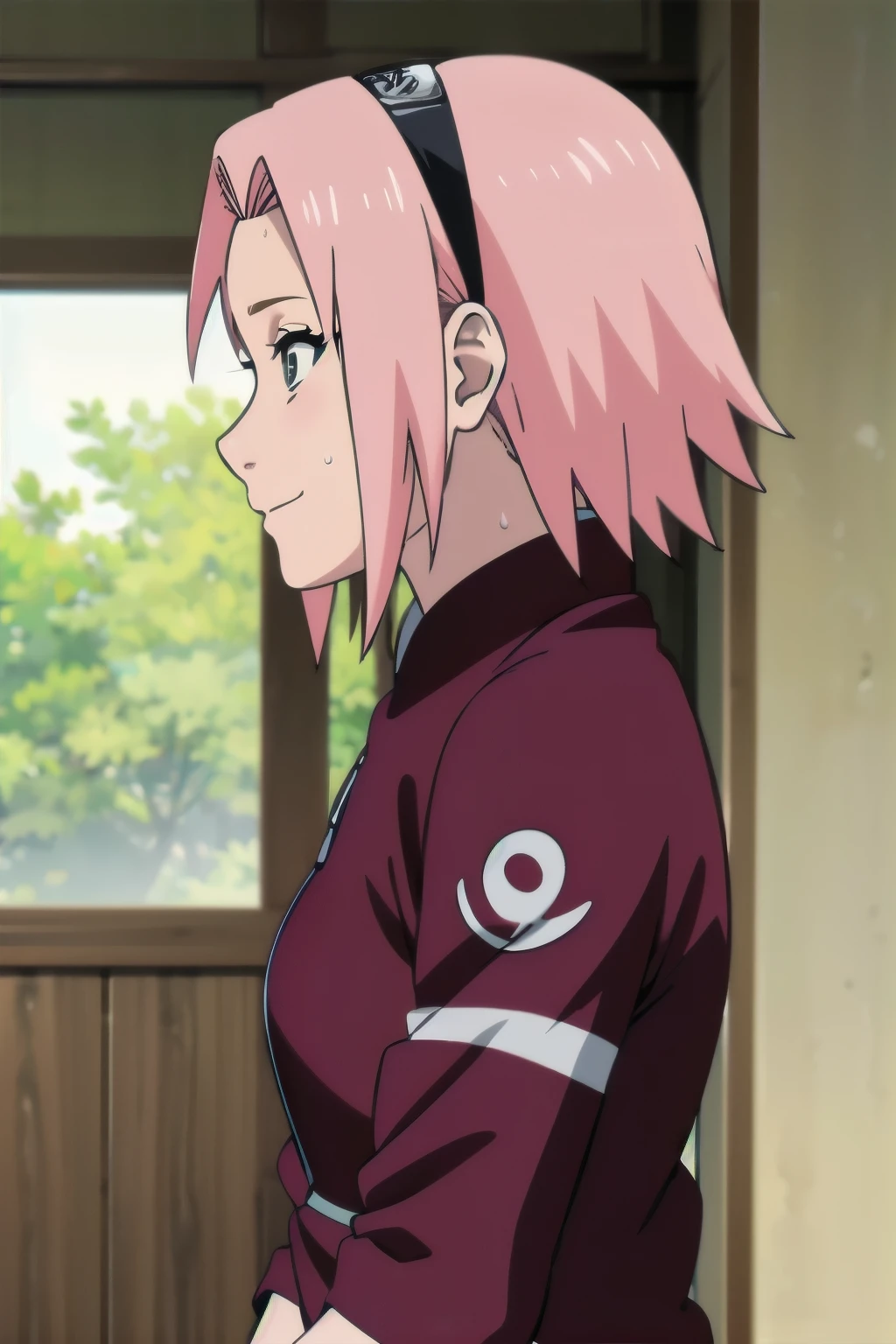 Sakura Haruno,1girl, solo, upper body, side view, viewed from side, smile, sensual expression,eyes closed,leaning forwards,leaned forwards,sweaty