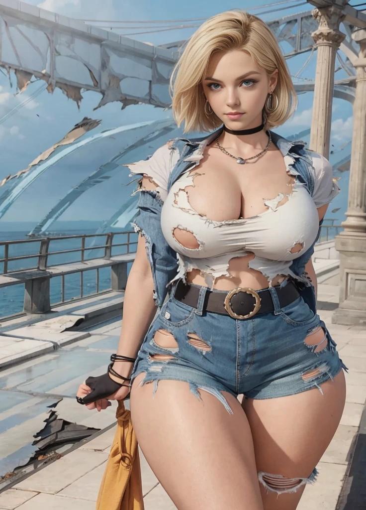 best quality, high definition, and18, 1girl, Android 18, solo, blonde hair, blue eyes, belt, jeans, pearl_necklace, bracelet, black gloves, cleavage, white shirt, short hair, short sleeves, earrings, blue pants, open vest, black vest, big breasts, wide hips, ass, legs apart, city, (torn clothes: 1.5), erotica, standing, expressionless,