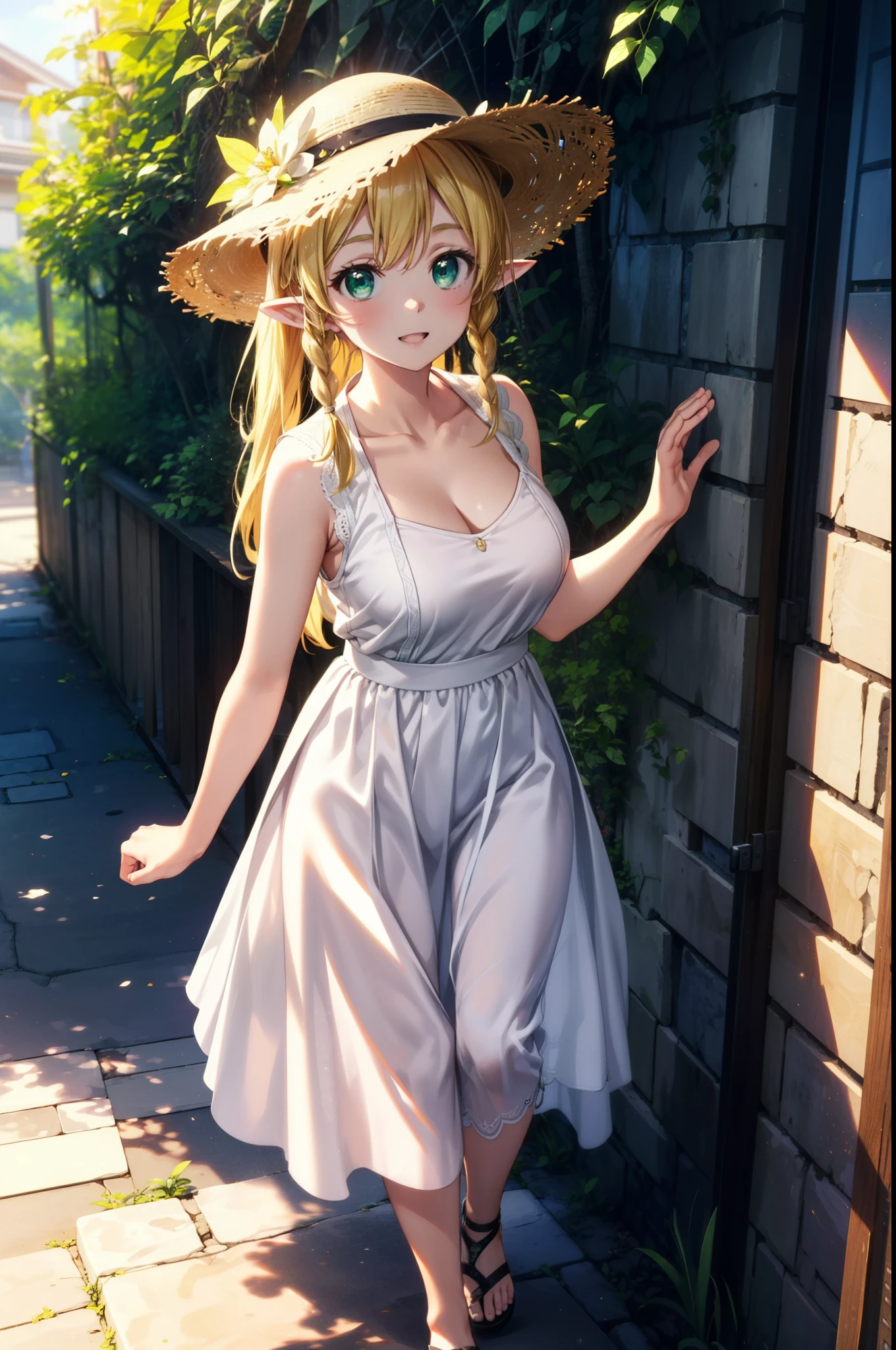 Suguhakirigaya, Suguhakirigaya, Long Hair,Blonde,Green Eyes,Pointy Ears,Short braids,,happy smile, smile, Open your mouth,Big Breasts,White straw hat,White sleeveless dress, bare arms,Green long skirt,Cute Sandals,Walking,Clear skies,whole bodyがイラストに入るように,
break outdoors, nature, forest, 
break looking at viewer, whole body,
break (masterpiece:1.2), Highest quality, High resolution, unity 8k wallpaper, (shape:0.8), (Beautiful attention to detail:1.6), Highly detailed face, Perfect lighting, Extremely detailed CG, (Perfect hands, Perfect Anatomy),