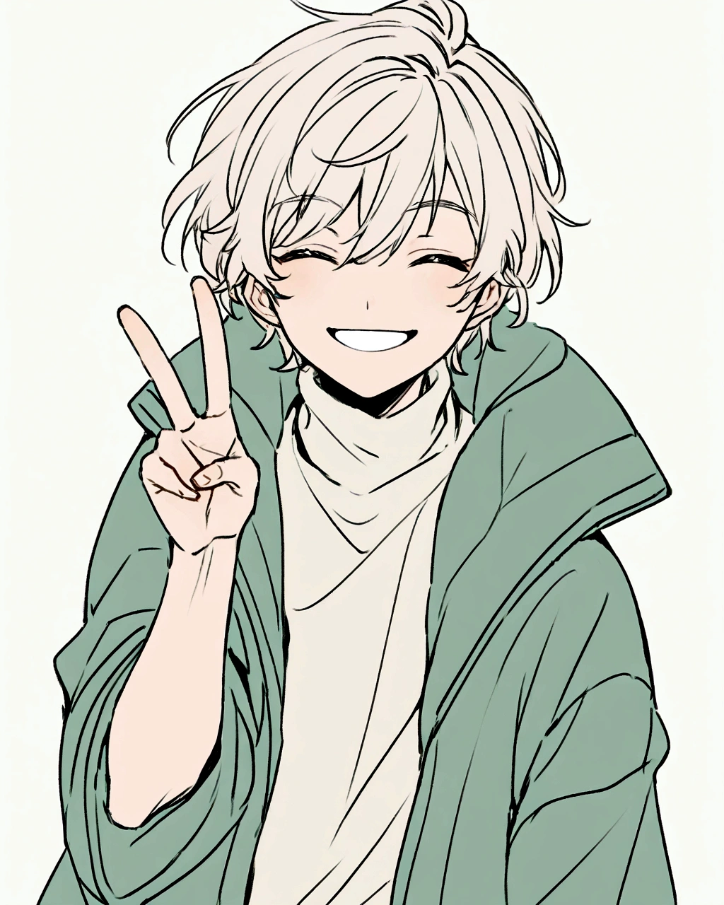 "Create an anime-style illustration of a cheerful boy with short, light-colored hair. He is smiling widely with his eyes closed, giving a peace sign with one hand. The boy is wearing an oversized jacket in neutral tones, and a light-colored turtleneck underneath. The background should be simple and plain to keep the focus on the character. Ensure the color combination and style match the provided reference."