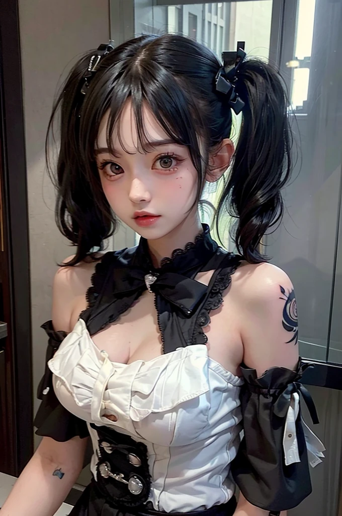 Highest quality, masterpiece, look up, Upper Body, cute,(Tattoo),(Menhera),(Sexy),(sexy),Embarrassing,Embarrassed,,Twin tails,Large breasts,Beautiful Style