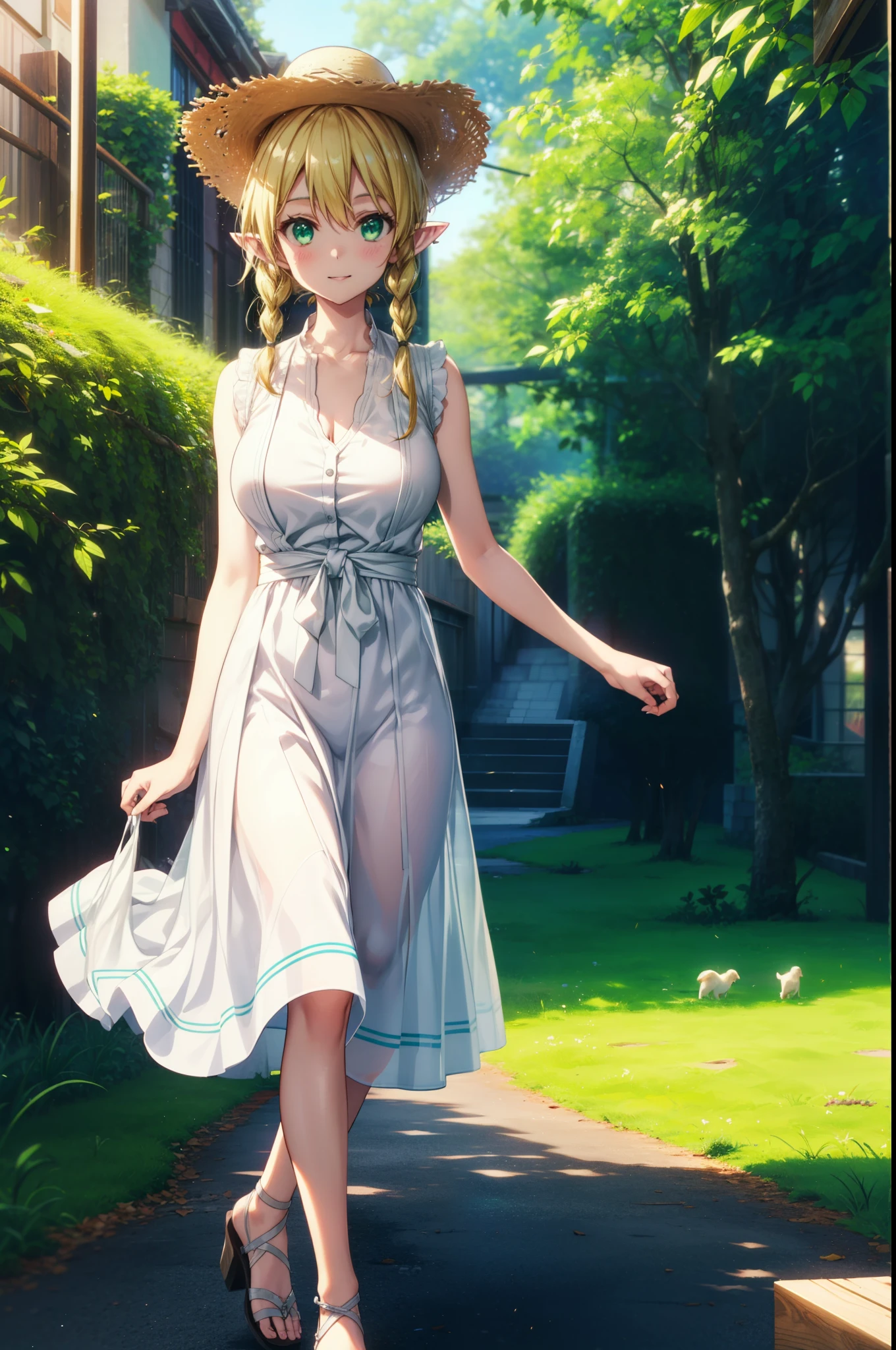 Suguhakirigaya, Suguhakirigaya, Long Hair,Blonde,Green Eyes,Pointy Ears,Short braids,,happy smile, smile, Open your mouth,Big Breasts,White straw hat,White sleeveless dress, bare arms,Green long skirt,Cute Sandals,Walking,Clear skies,whole bodyがイラストに入るように,
break outdoors, nature, forest, 
break looking at viewer, whole body,
break (masterpiece:1.2), Highest quality, High resolution, unity 8k wallpaper, (shape:0.8), (Beautiful attention to detail:1.6), Highly detailed face, Perfect lighting, Extremely detailed CG, (Perfect hands, Perfect Anatomy),