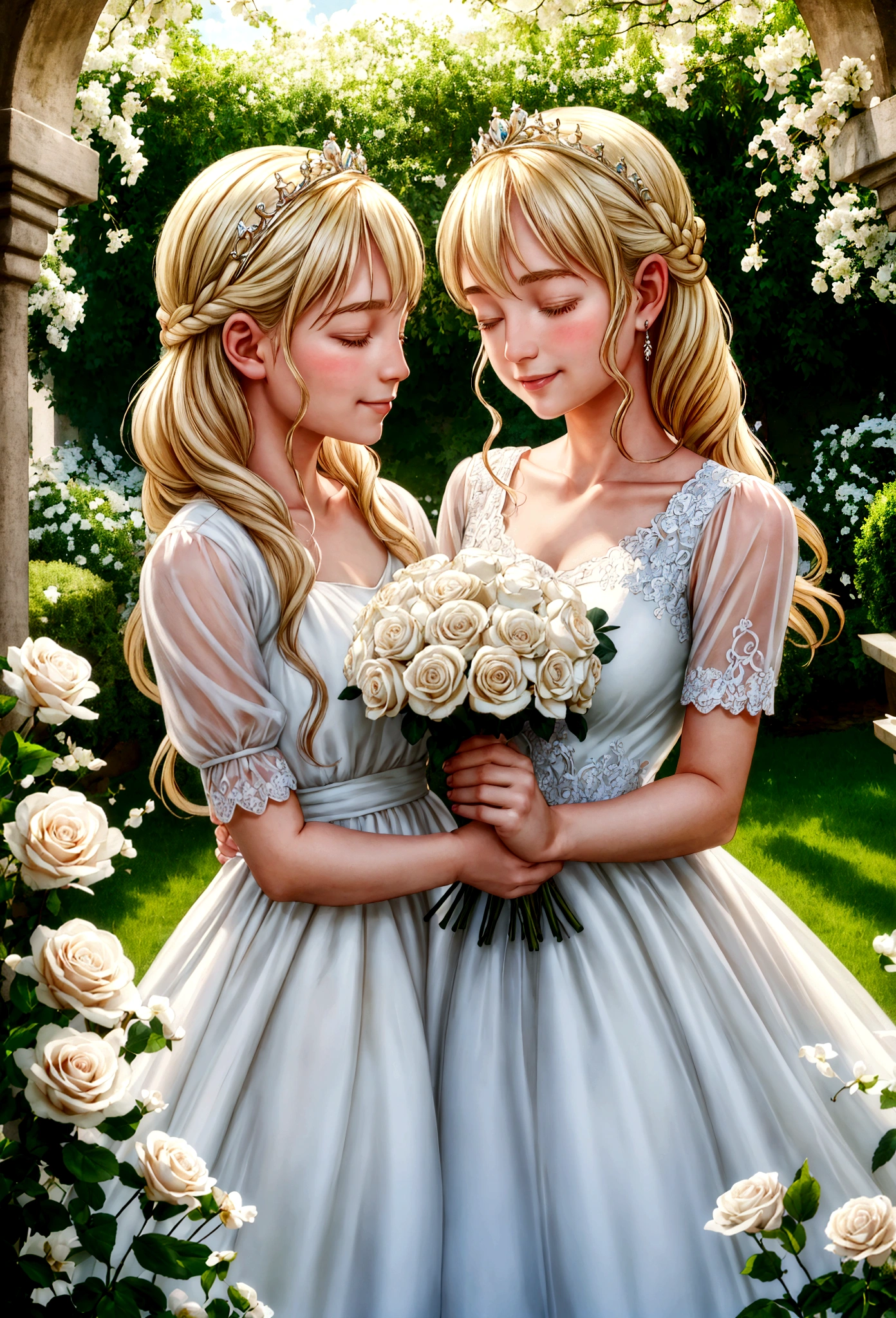 best quality,4k,8k,highres,masterpiece:1.2,ultra-detailed,realistic:1.37,portrait,beautiful mother and daughter in an Italian garden,medium:oils,classic Italian style,soft and warm colors,gentle lighting,delicate brush strokes,artistic masterpiece,pastel-hued flowers,bright blue sky and fluffy white clouds,fine details on their dresses,mother wearing an elegant white gown,daughter in a white dress with delicate lace,sparkling tiaras on their heads,smiling and joyful expressions,daughter holding a bouquet of white roses,embrace of love and innocence,subtle sunlight filtering through the trees,whisper of a gentle breeze,tranquil and peaceful atmosphere,mother's loving gaze,daughter's eyes full of excitement and joy,overall scene exudes purity and serenity.